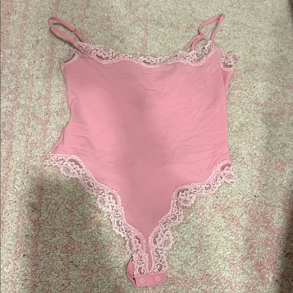 SKIMS Pink Lace Trim Bodysuit